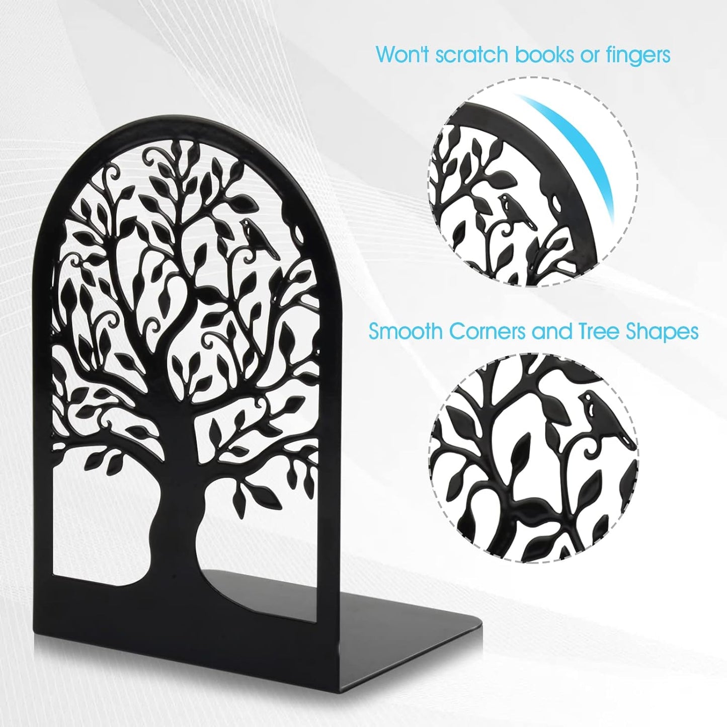 HappyHapi Book Ends, Metal Bookends for Shelves Decorative, Tree Stopper for Heavy Books, Black Ends to Hold Books for Home Office, 6.5 X 4.7 X 3.5 Inch(3 Pairs/6 Pcs, Large)