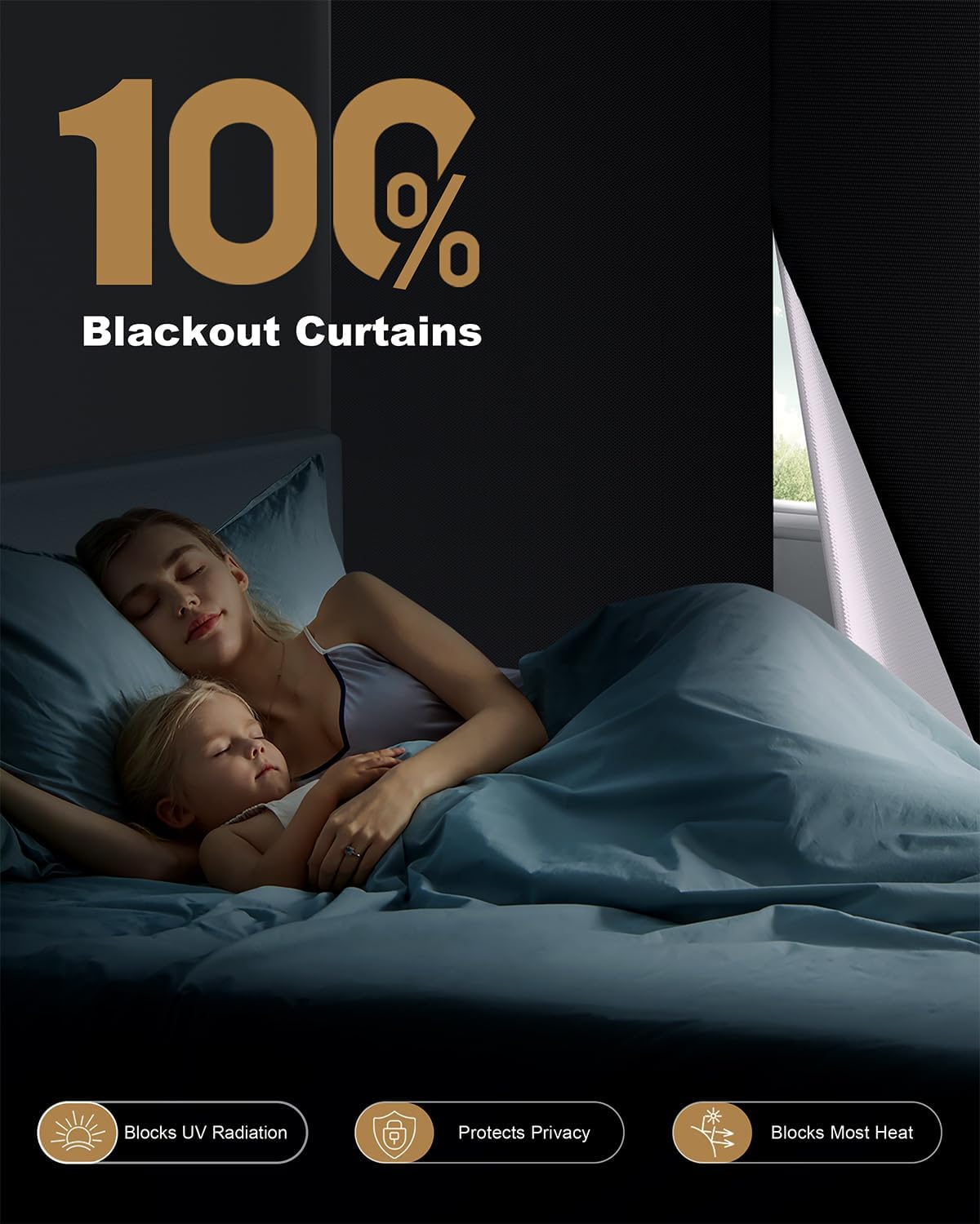 Portable Blackout Curtains for Bedroom (42" x 60"), Black Out Window Cover, No Drill Blackout Shades with Hook&Loop, for Nursery, Travel, Dorm, Apartment (Black)