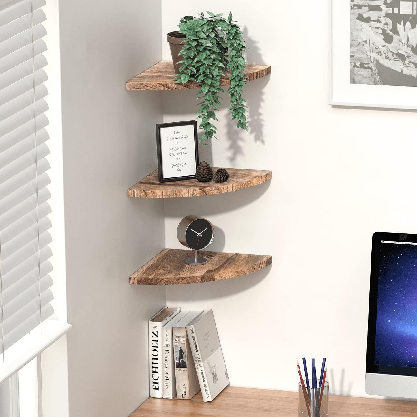 Wall Mounted Rustic Wood Round Edge Corner Shelf Storage Rack, Bookcase, Floating Shelves Home Decor for Bedroom, Living Room, Office and Kitchen, Set of 3 (Round Edge)