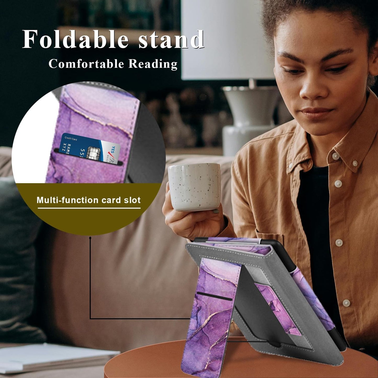 Stand Case for 6" Kobo Clara Colour/Clara BW (2024)/Clara 2E (2022)/Tolino Shine Color/Shine 5/Shine 4,Durable PU Leather Cover with Auto Sleep Wake, Card Slot, Hand Strap Feature,Marble Purple
