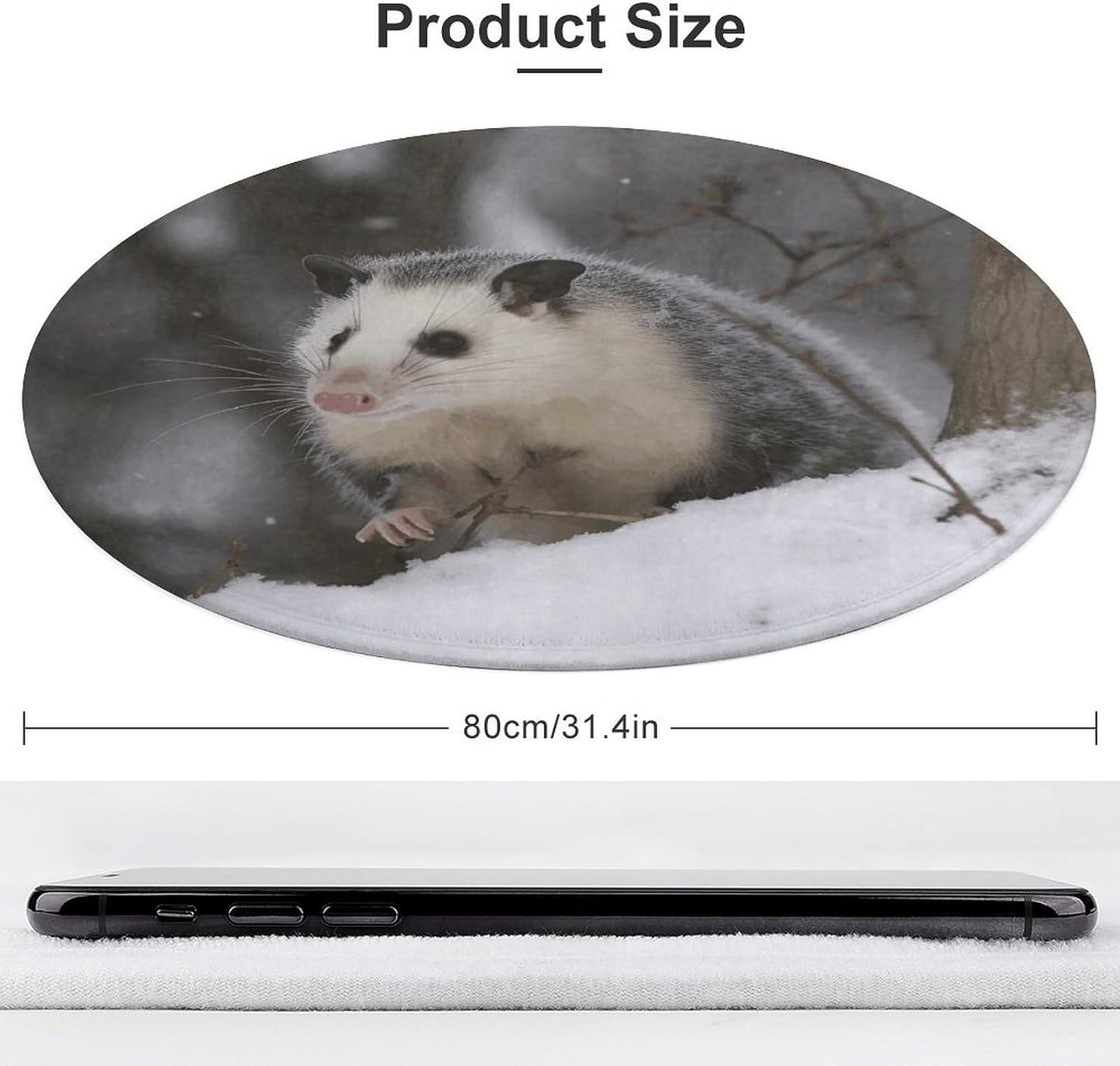 Opossum in Snow Circle Rug Retro Luxury Coral Velvet Floor Mat Non Slip Soft Indoor Floor Carpet Comfy Thickened Area Rugs Modern Aesthetic Minimalist Carpets for Home Decor