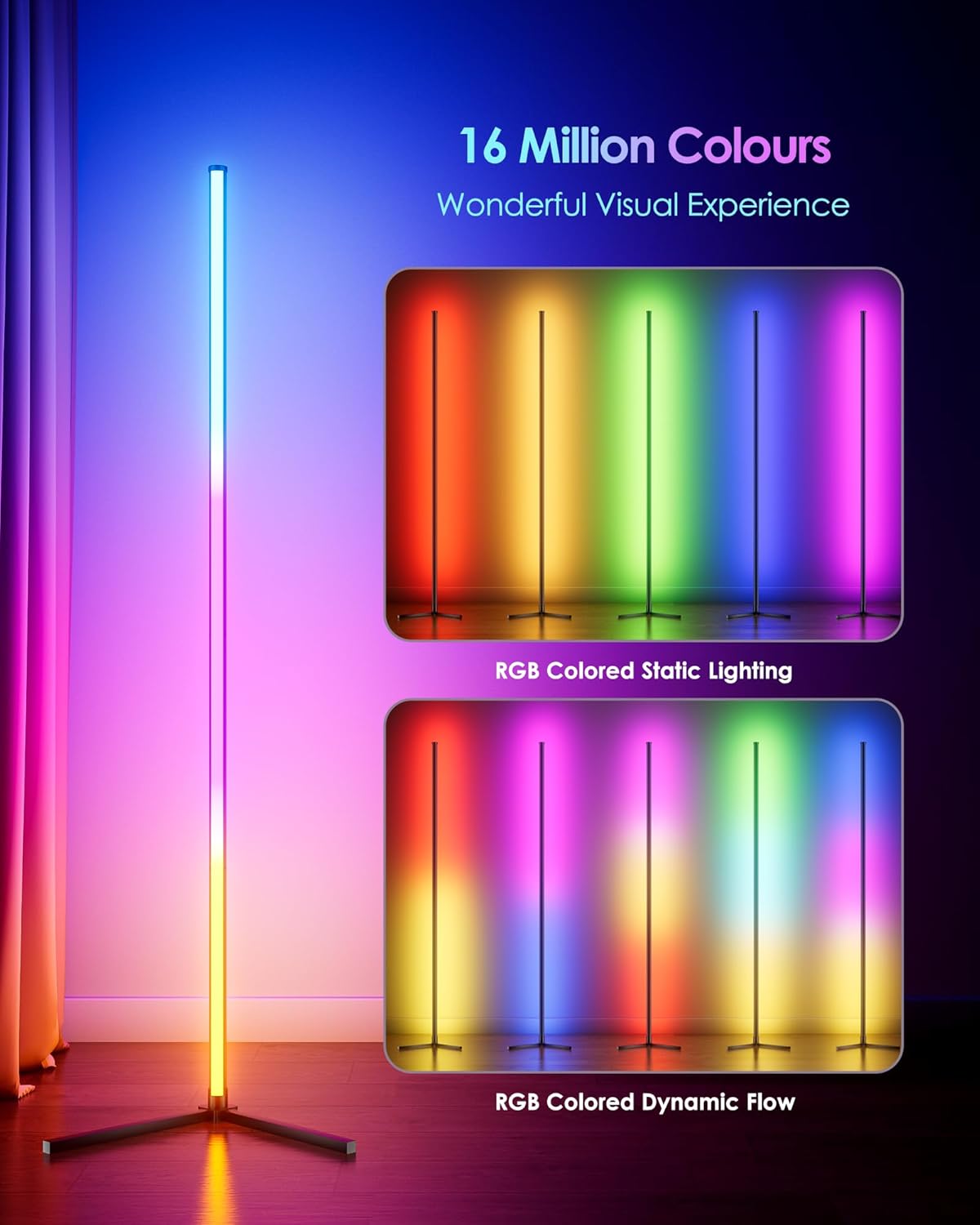 LED Corner Floor Lamp 2 Pack, 65" Tall Smart RGB Floor Lamp with APP and Remote Control, Ambient Lighting Color Changing Standing Lamps with Music Sync and Timing for Living Room, Bedroom, Gaming Room