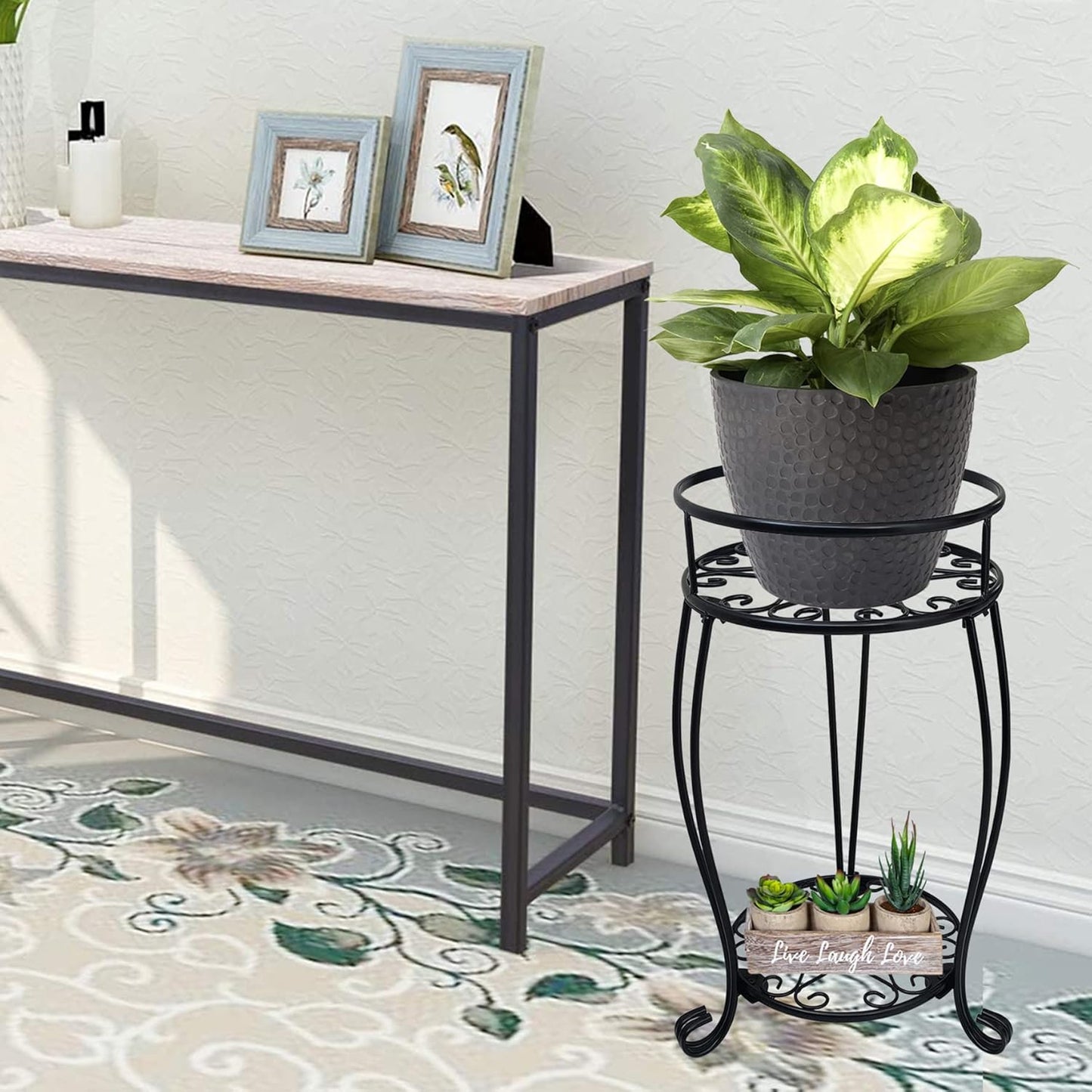 CASIMR 2-Pack Plant Stand, 2 Tier 19.2 inch Tall Metal Potted Holder Rack,Indoor Outdoor Multiple Flower Pot Shelf Rustproof Iron Garden Container for Garden Patio Living Room Corner Balcony, Black