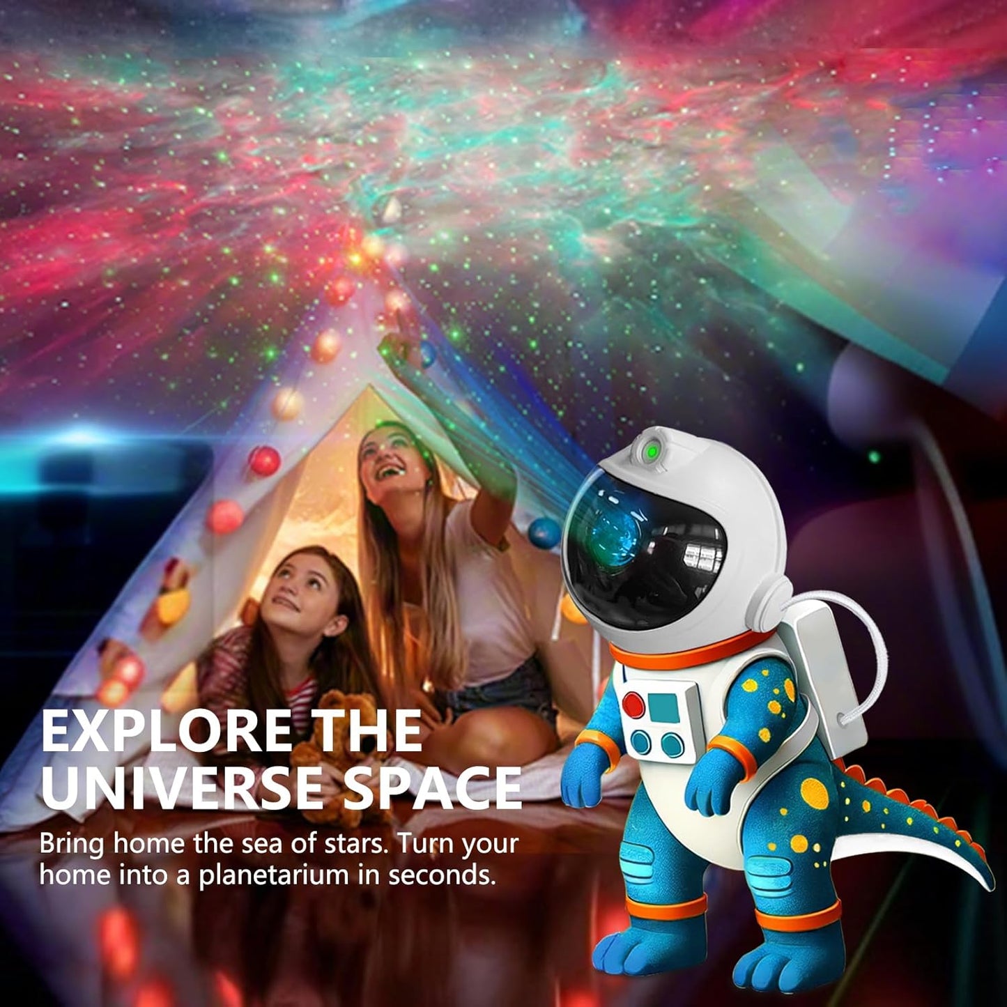 Dinosaur Astronaut Galaxy Star Projector Night Light, 8 in 1 LED Space Planetarium Lamp, 360° Rotating with Remote & Timer, Kids Adults Bedroom Decor, Christmas Birthday Gifts (Blue)
