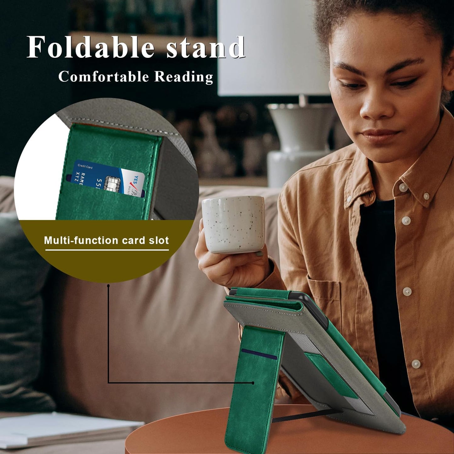 Stand Case for 6" Kobo Clara Colour/Clara BW (2024)/Clara 2E (2022)/Tolino Shine Color/Shine 5/Shine 4,Durable PU Leather Cover with Auto Sleep Wake, Card Slot, Hand Strap Feature,Midnight Green