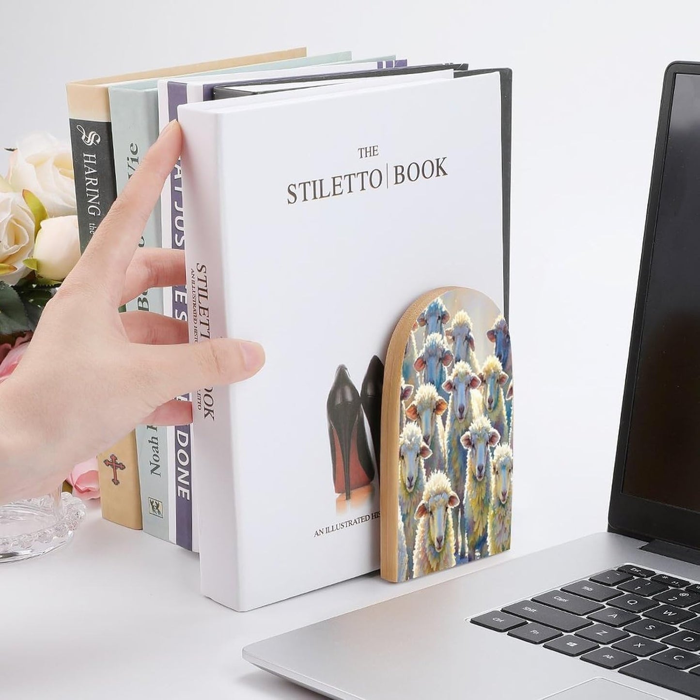Watercolor Sheeps Bookends 1 Pair Heavy Duty Book Ends for Shelves Non-Skid Bookend Supports Wooden Book Holders with Metal Base Desk Organizers Books Storage to Hold Books