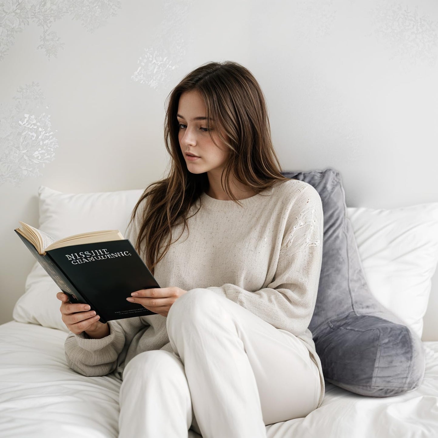 Reading Pillow for Sitting in Bed Adult, 19" Reading Pillow with Shredded Memory Foam, Back Pillow for Sitting Up with Extend Arms, Pockets, Bed Pillow with Washable Cover, Grey