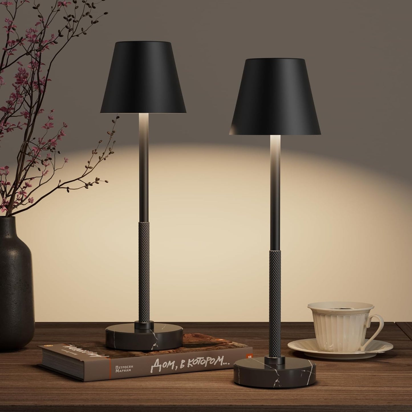Cordless Table Lamp 2 Pack with Marble Base,5200mAh Battery Operated Lamp,IP54 Waterproof Portable LED Desk Lamp,3-Color Stepless Dimming, Height Adjustable for Patio,Bedroom,Restaurant(Black)
