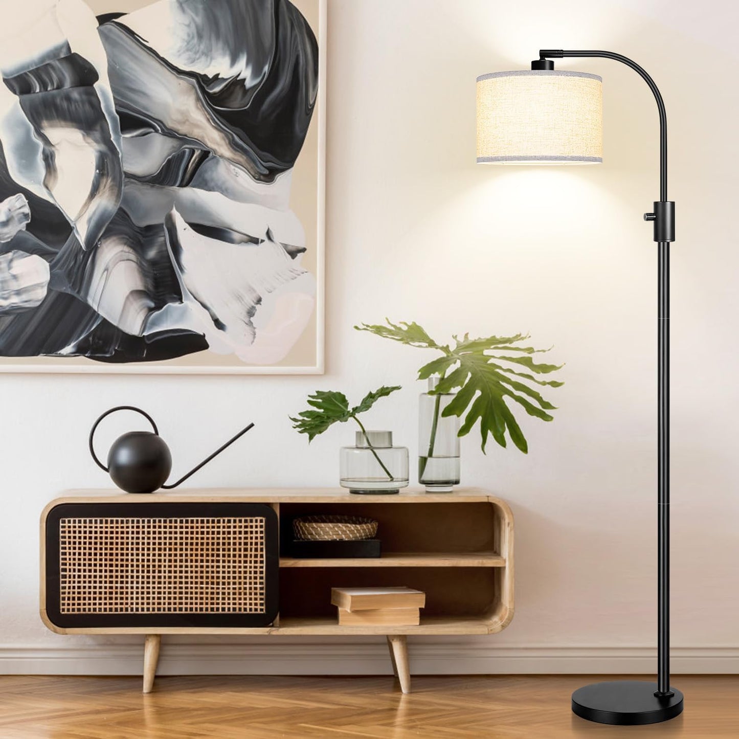 Nintiue Upgraded Modern Arc Dimmable Tall Standing Floor Lamp with Linen Shade, 1200 Lumens LED Bulb Included, for Living & Reading Room, Bedroom, Office & Nursery, Matte Black