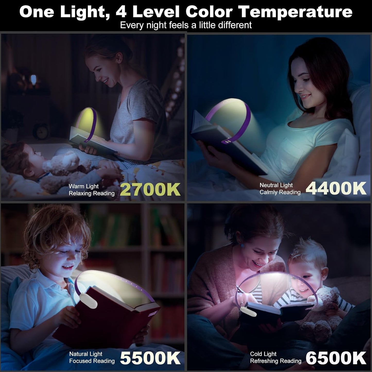 Rechargeable Book Light for Reading, 12 LED Eye-Care Reading Light, 4 Color Temperatures, Stepless Dimming, No Flicker, Evenly Distributed Lighting for Books, Perfect for Reader (Purple)