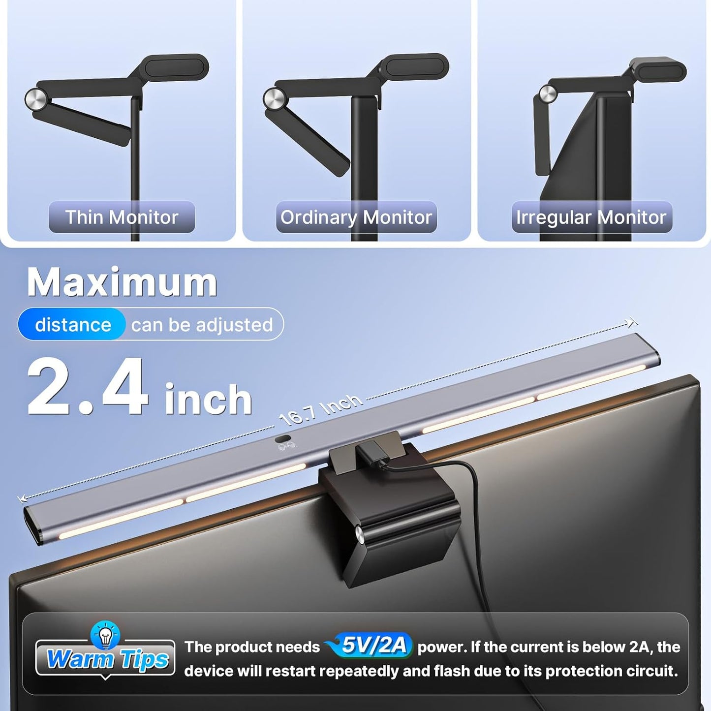 Syrinx 16.7" Computer Monitor Light Bar with Ambient Backlight, USB Reading LED Lamp, Screen Monitor Lamp, Touch + Gesture Control, Dimmable Desk Light, Eye-Caring, No Screen Glare for (Basic)