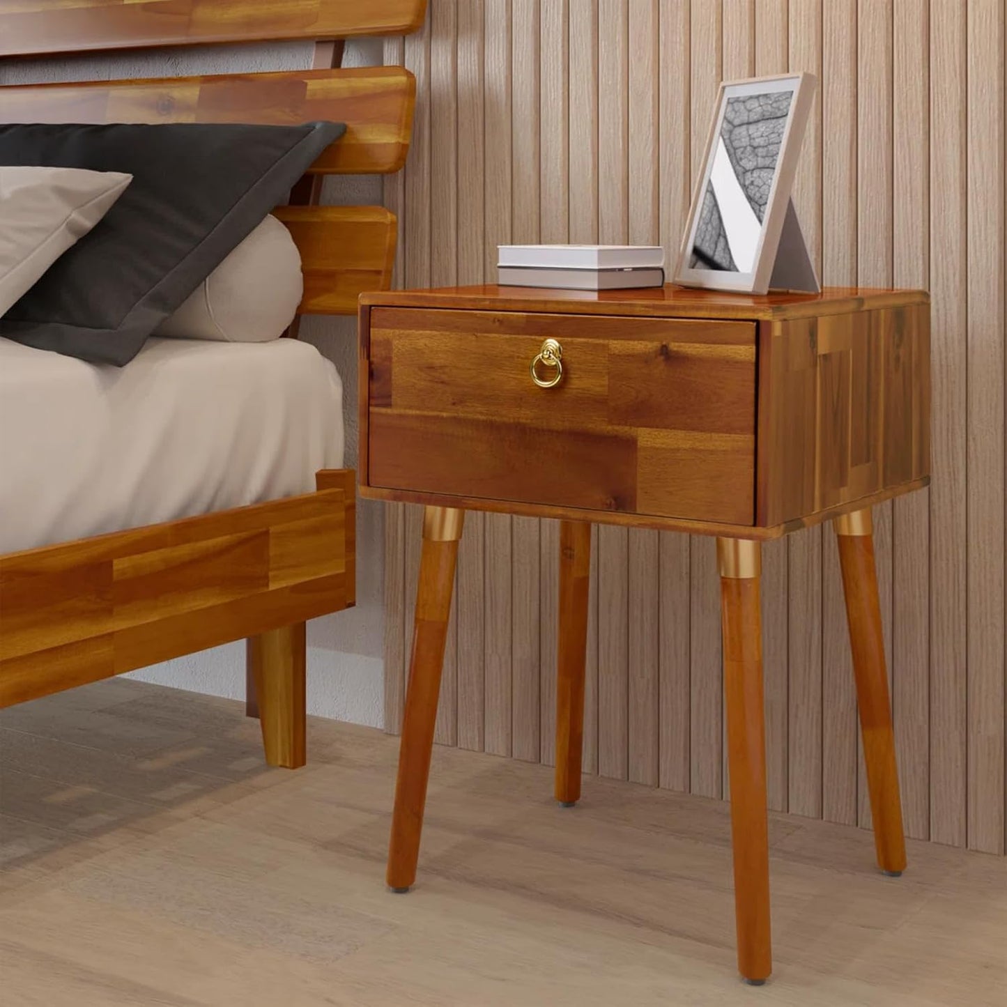 Bme Caden Solid Wood Nightstand/Side Table/End Table, Fully Assembled, with 1-Drawer for Mid Century Bedroom and Living Room, Caramel