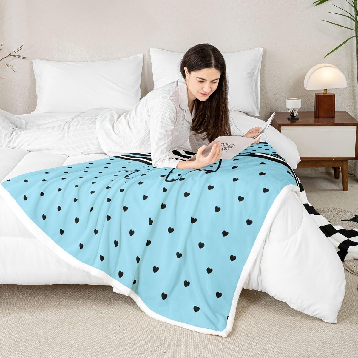 Feelyou Blue Bow Sherpa Throw Blanket for Couch Zebra Print Stripes Super Soft Cozy Fleece Polka Dots Blanket for Winter, Plush Throw Bow Knot Print Baby 30"x40" Decor All Season
