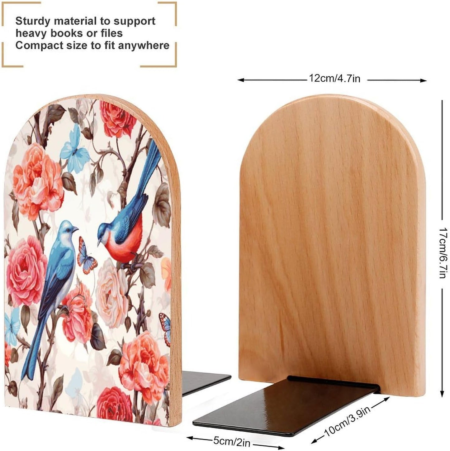 Romantic Fancy Floral Birds Butterfly Wooden Bookend Non-Slip Book Ends Heavy Duty Book Stopper with Metal Base Books Holderd Decorative Bookends Stands Firmly for Office Supplies