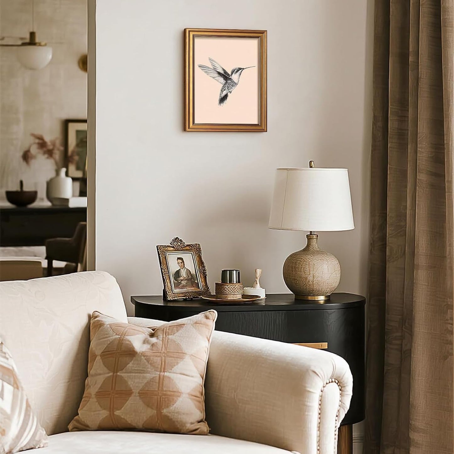 Gold Framed Hummingbird Wall Art - Vintage Black And White Bird Pictures Wall Decor, Simple Flying Bird Painting Canvas Prints, Rustic Cottage Sketch Artwork for Bathroom Hallway 12x16 Inch