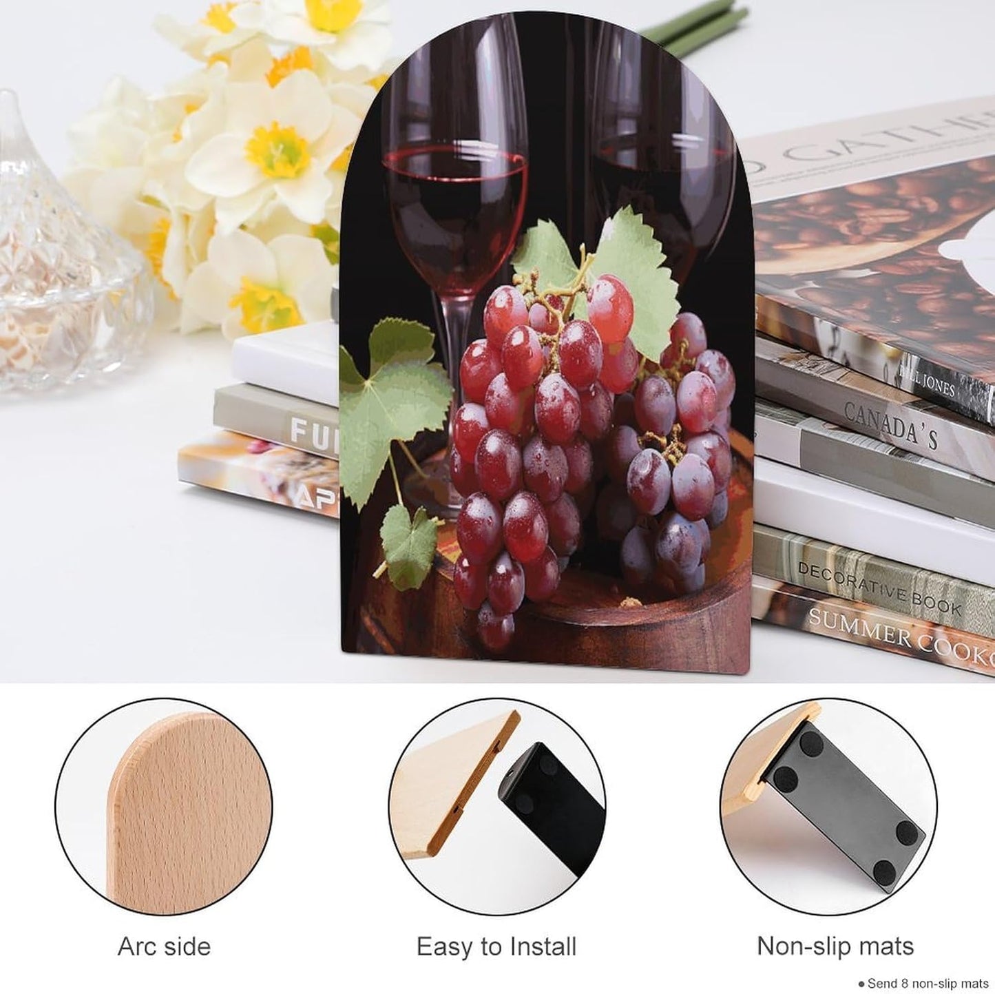 Red Wine Grape Bookend for Shelves Wooden Book End Large Size Sturdy Book Holders Stoppers with Metal Base for Bookshelves Slick Decorative Bookends Stands
