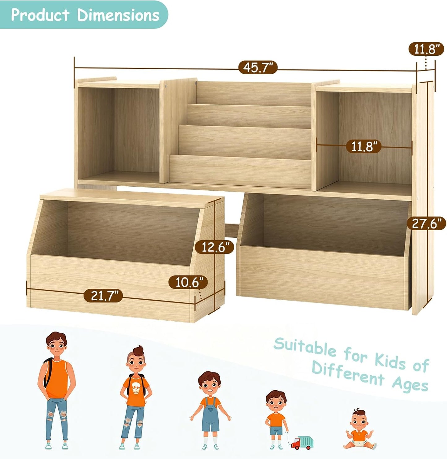 Kids Bookshelf and Toy Storage, 2-Tier Toddler Bookshelf with Storage Cubbies and 2 Movable Drawers on Wheels, Toy Storage Organizer, Montessori Bookcase for Kids Room, Playroom, Nursery