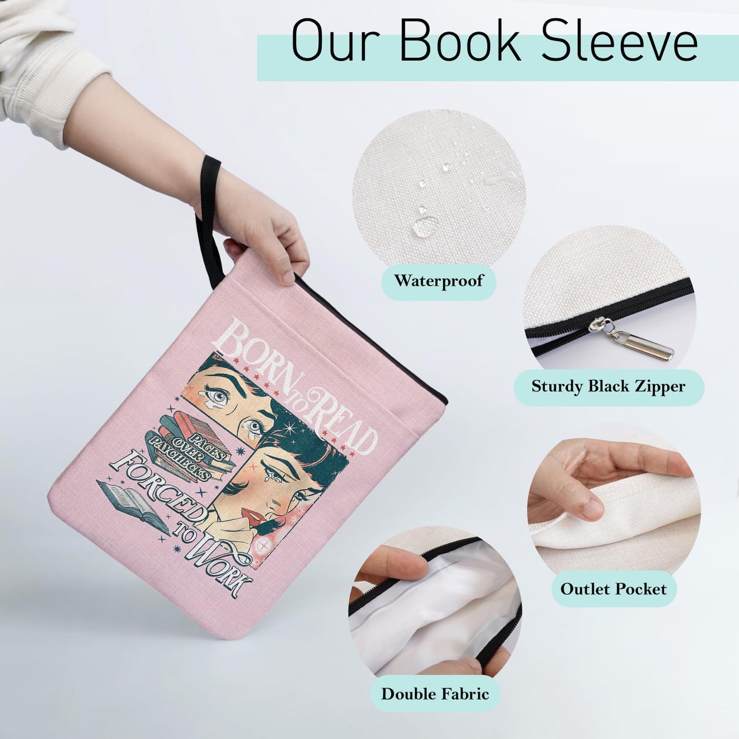 Book Lover Book Sleeve Pouch Gifts for Women Librarian Bookish Group Club, Born to Read Forced to Work Paperback Book Cover with Zippered and Handle 9x12 Inch