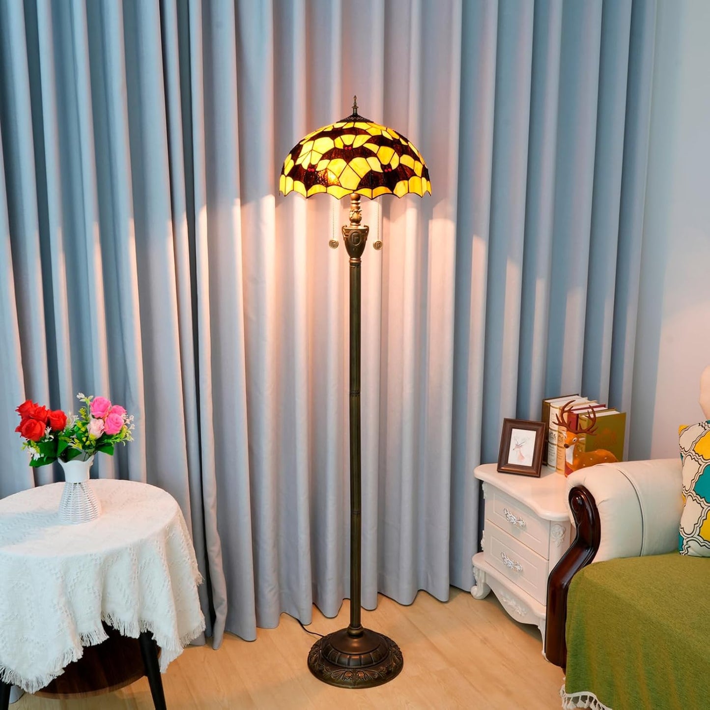Tiffany Black Bats Floor Lamp Stained Glass lamp for Living Room Bedroom Office Bright Lighting Rustic Corner Decor Standing Tall Unique Vintage Reading Aesthetic Light