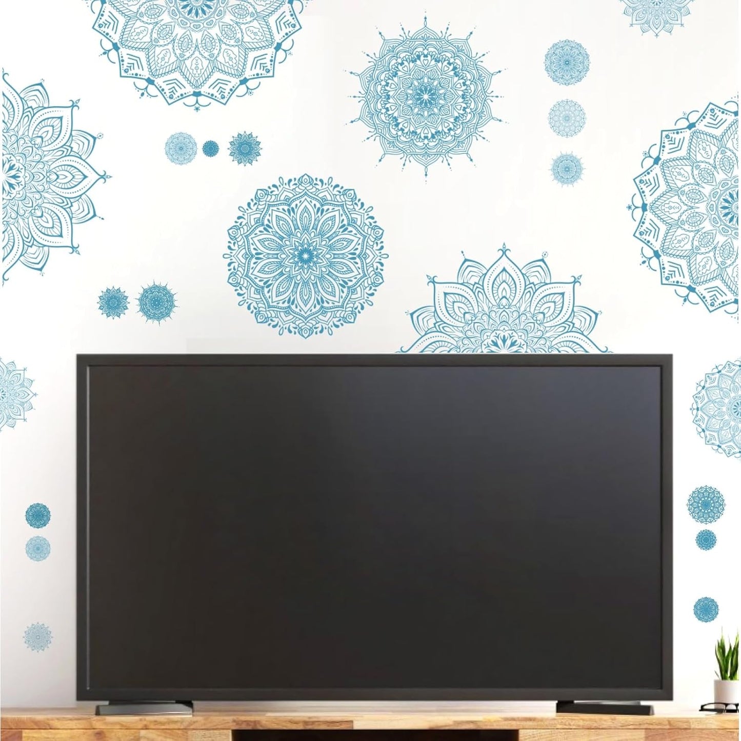 Blue Mandala Wall Stickers Large Mandala Wall Decals Peel and Stick Lotus Flower Stickers Headboard Art Decoration Modern Blue Art Decals for Living Room Bedroom Yoga Decor