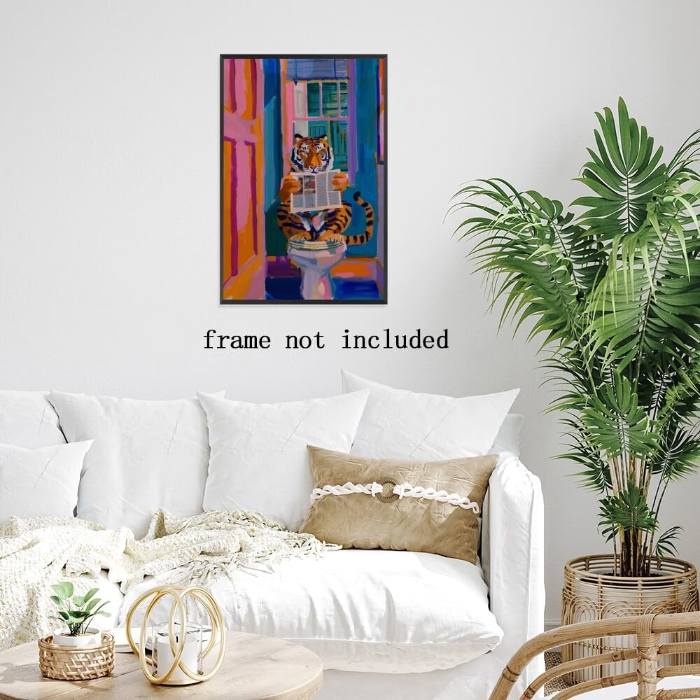TcnBzydkij Funny Tiger Poster Minimalist Bathroom Wall Art Print Stylish Decor Reading Newspaper Dopamine Pink Kitsch Aesthetic Preppy Canvas 12x18inch Unframed
