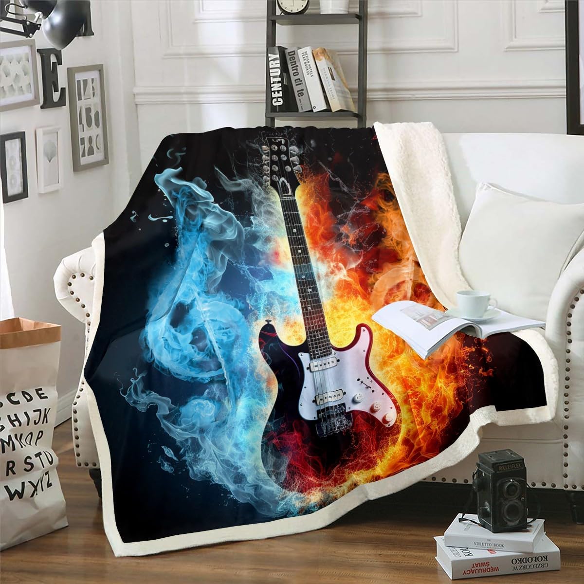 Guitar Fleece Throw Blanket Rock Music Themed Plush Blanket Fire and Water Musical Notes Sherpa Blanket Electric Guitar Instruments Print Fuzzy Blanket for Sofa Bed Couch, Room Decor Twin 60x80 Inch