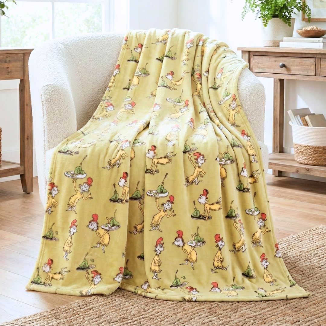 Green Eggs & Ham by Dr. Seuss Book Throw, Kids Super Soft Plush Cozy Throw Blanket, 60 in x 70 in, (Officially Licensed Product) by Franco