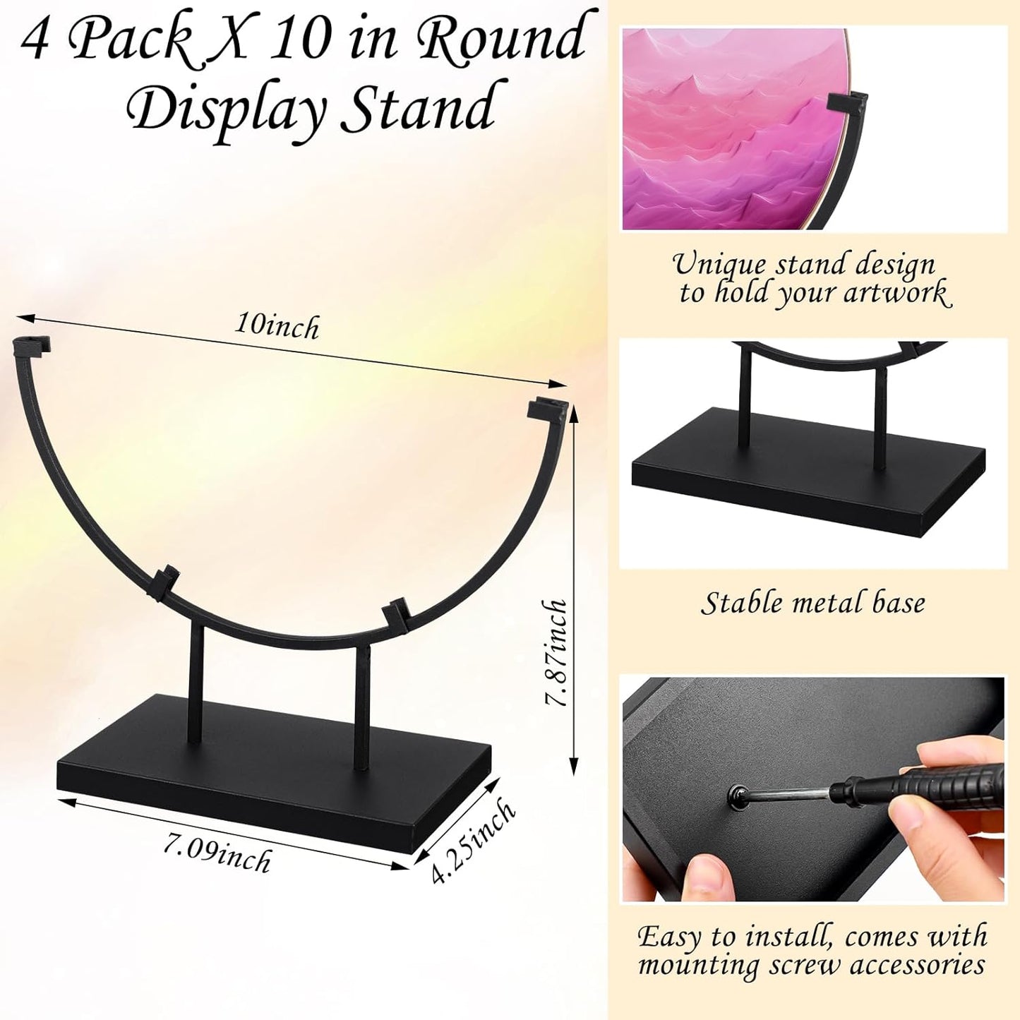 Blulu 4 PCS 10 Inch Round Metal Display Stands for Stained Glass Fused Glass Art Easel Display Stands Decorative Plate Holder for Art Panels Picture Platter Photo