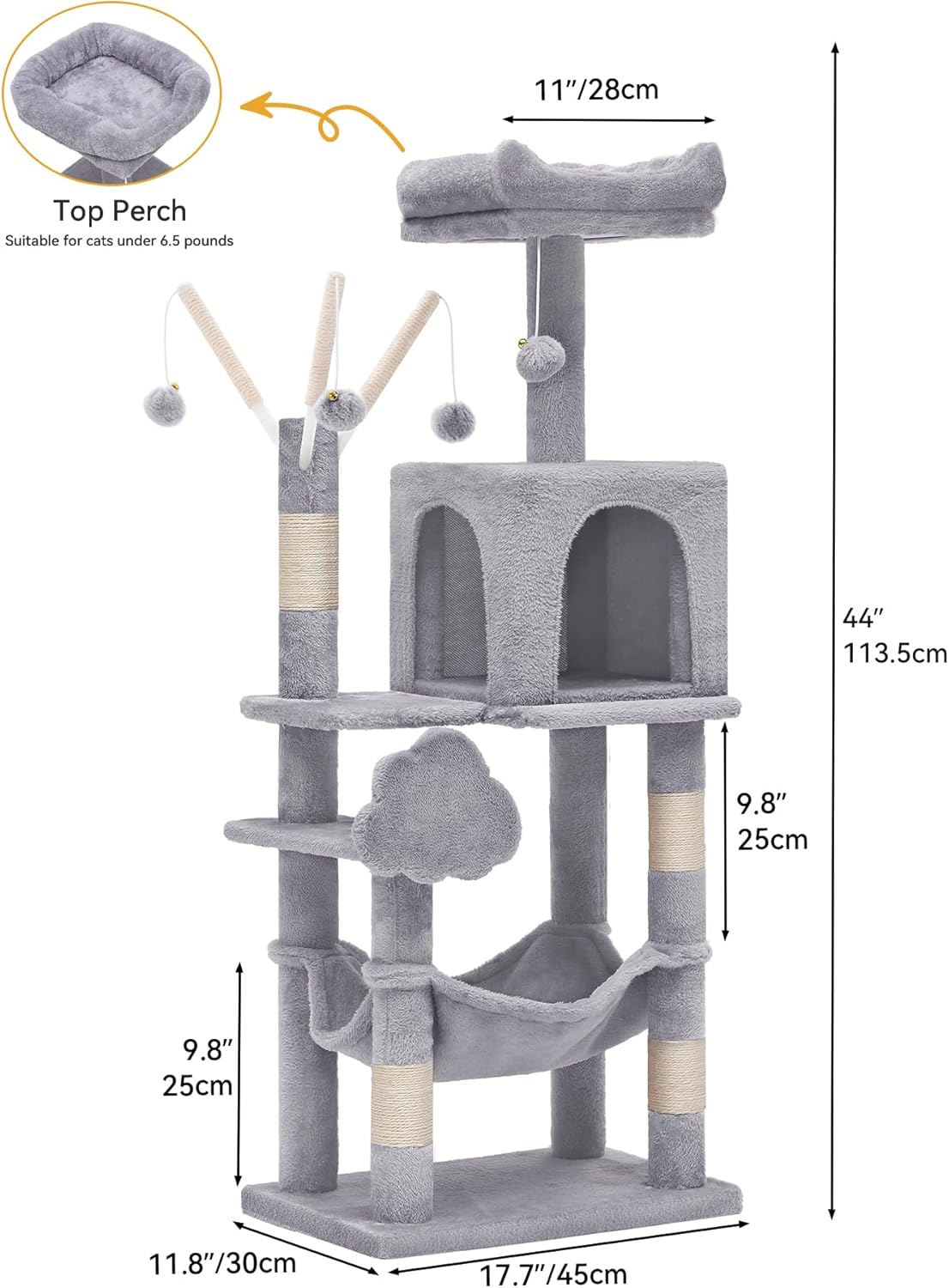 YITAHOME 44in Cat Tree Tower Indoor, Multi-Level Cat Condo with Scratching Posts, Cat Window Padded Plush Perch, Cozy Hammock, Funny Pompoms for Kittens Pet Play House, Light Gray