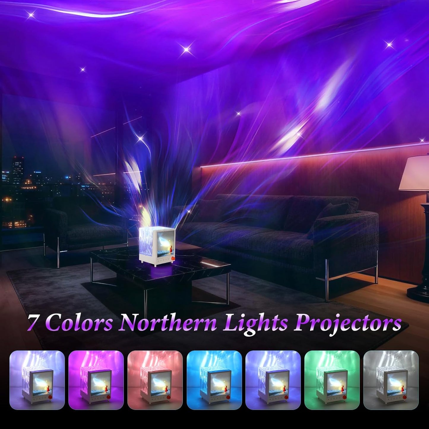 TOBTOS Northern Lights Projector with Bluetooth Speaker & White Noise - 7 Colors Ocean Wave Night Light for Bedroom, Dimmable Mood Lighting, Galaxy Projector for Kids Adults Gift