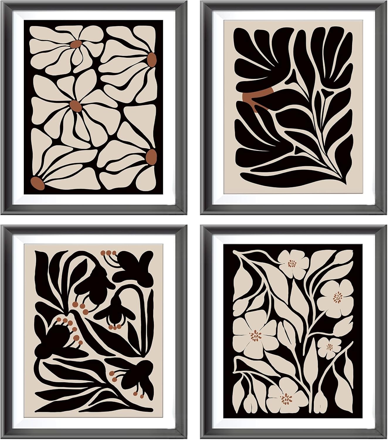 Abstract Boho Black flowers Plant Poster Prints for Home Living Girl Room Dorm Office Decor,Vintage Botanical Bohemian Neutral Floral Decorations Prints Aesthetic Wall Art Unframed 4pcs