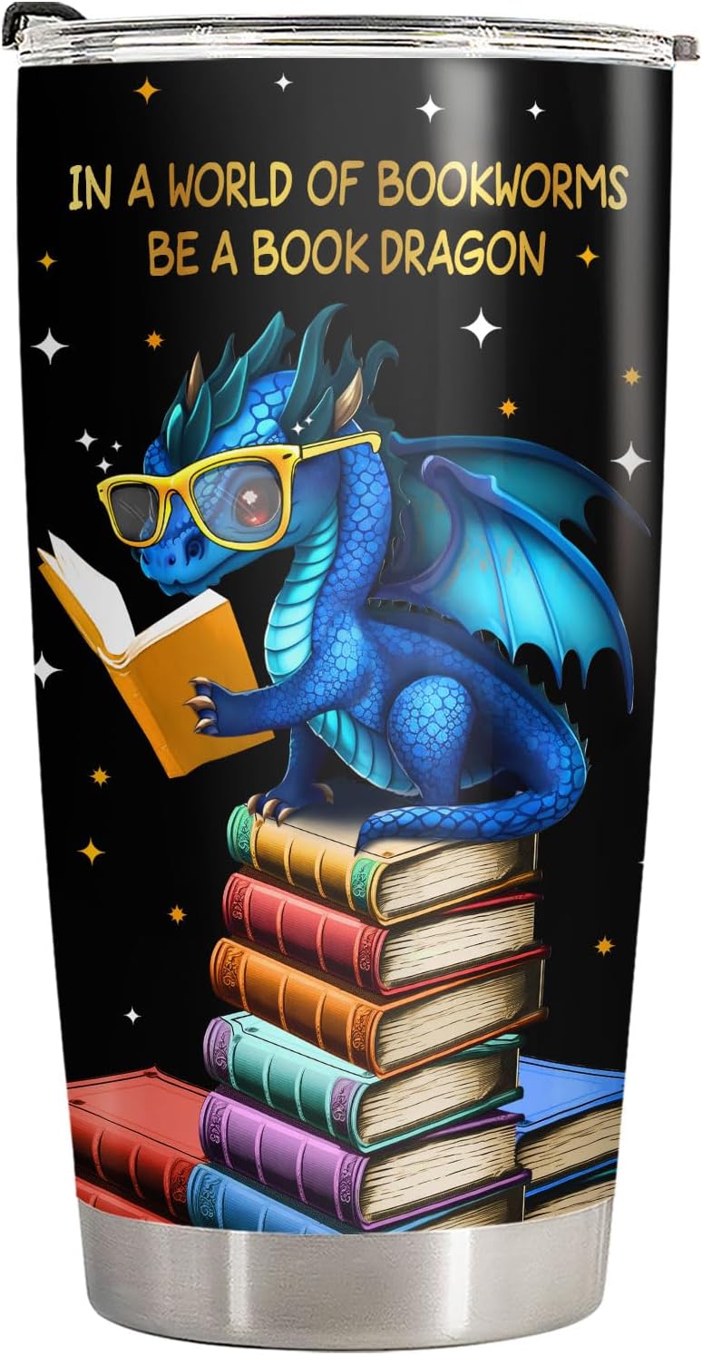 34HD Book Dragon Tumbler with Lid, 20oz Stainless Steel Vacuum Insulated Dragon Coffee Mug, Book Lover Gifts for Birthday Christmas Back To School, Bookworm Gifts for Women, Bookish Items