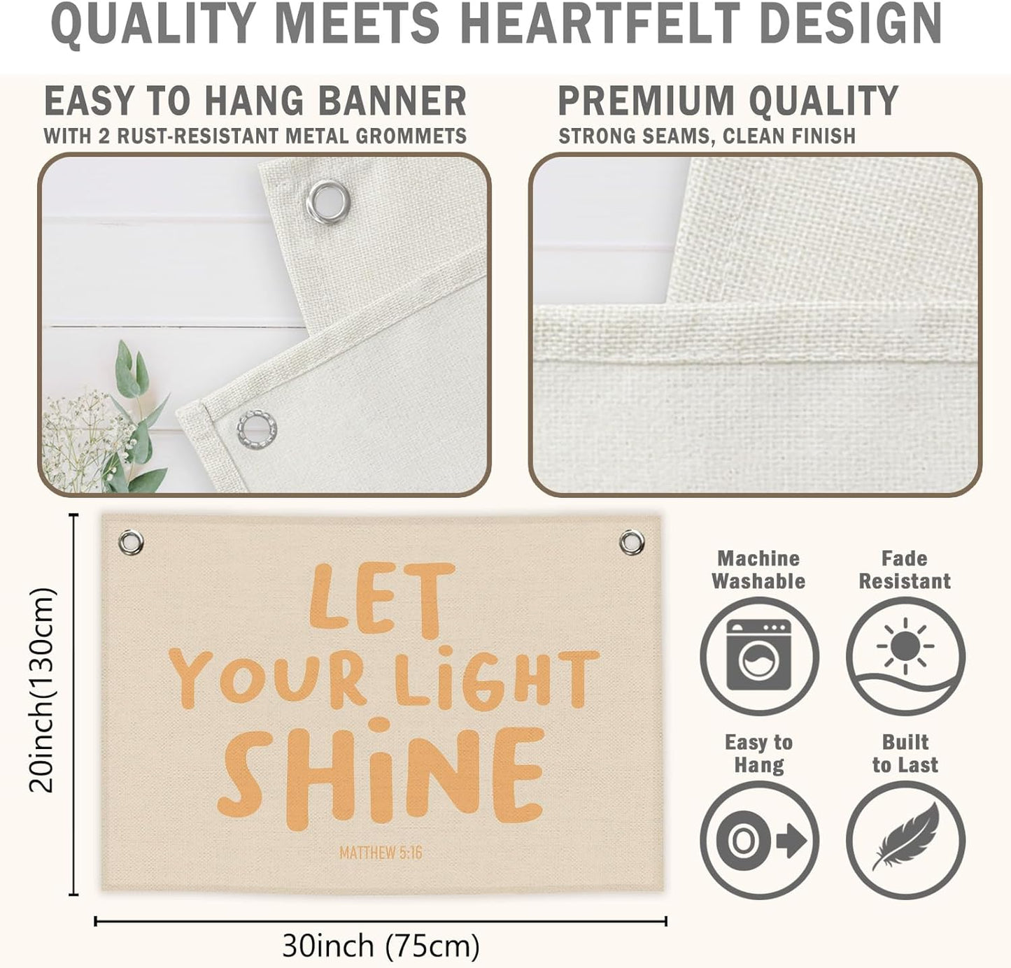 Christian Inspirational Kids Banner Canvas, Bible Verse Let Your Light Shine Toddler Room Decor, Positive Hanging Flag Sign, Nursery Wall Tapestry Art for Playroom Bedroom Classroom 20x30in