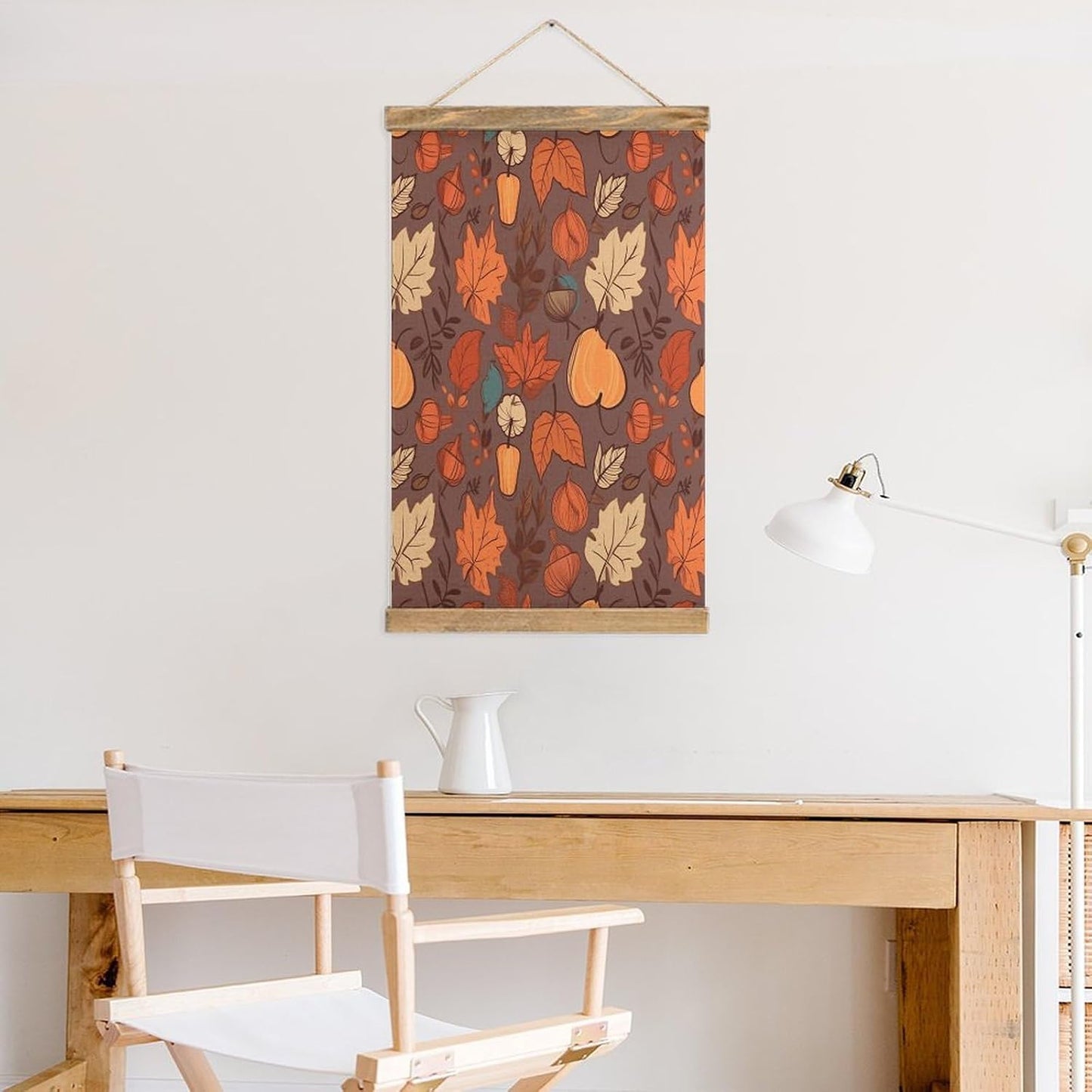 Vintage Fall Poster with Wooden Frame Personalized Linen Hanging Scroll Painting Rustic Wall Hanging Illustrative Modern Artwork Decor for Home Living Room Bedroom Office