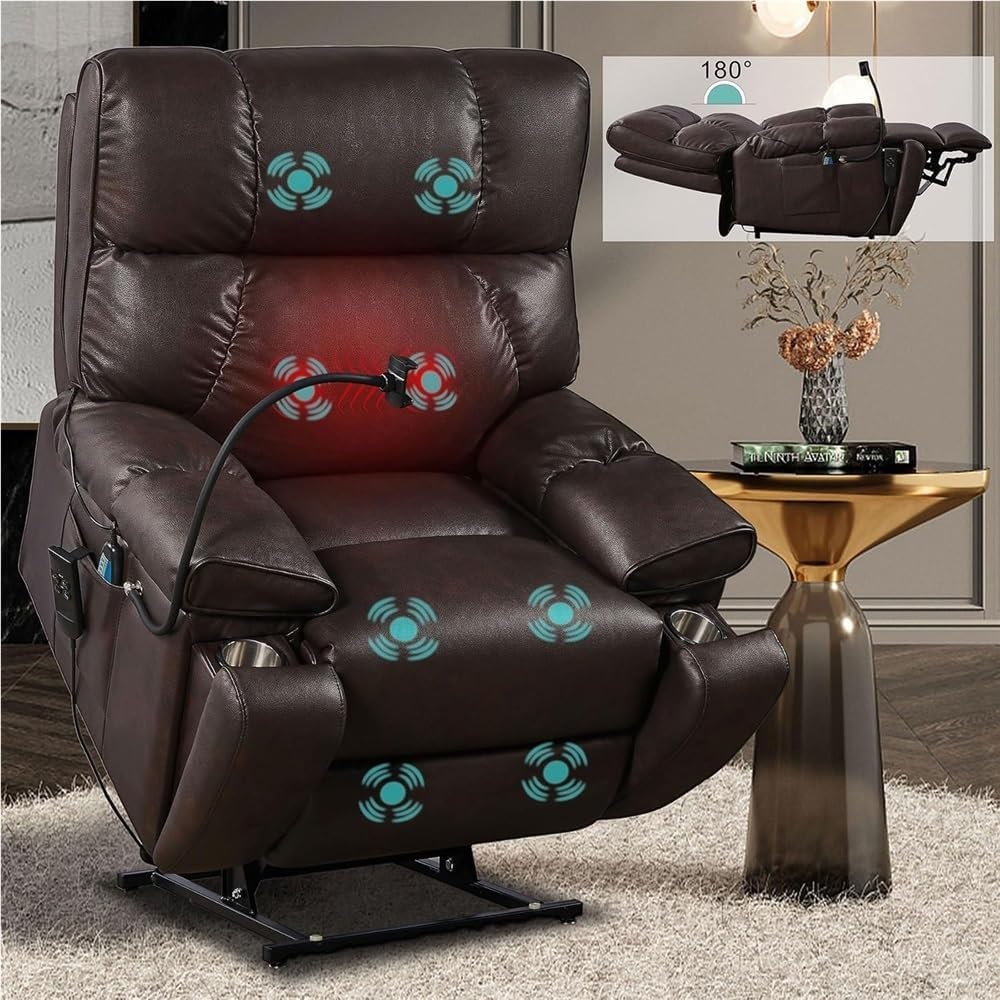 Dual Motor Power Lift Recliner Chair for Elderly, 180° Lay Flat Electric Reclining Sofa with Heat and Massage, Breathable Leather, Remote Control, Cup Holders