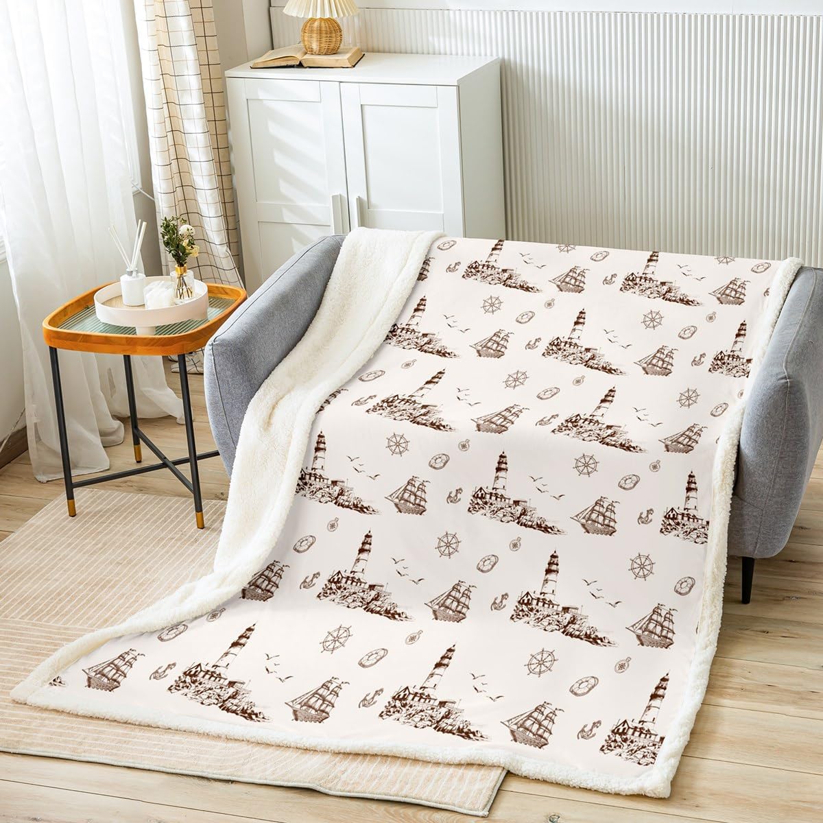 Nautical Theme Brown Throw Blanket,Anchor Sailboat Lighthouse Fleece Blanket Sketch Ocean Blankets for Kids Boys Teens Men Room Decor,Sea Adventure Sherpa Blanket,for Chair/Sofa,60"×80"
