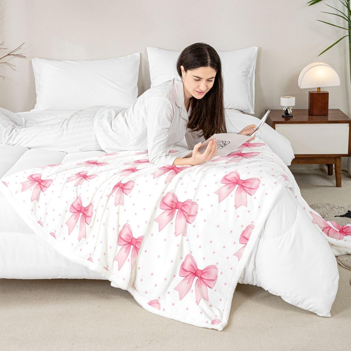 Feelyou Cute Bow Sherpa Throw Blanket for Couch Bowknot Pink Super Soft Cozy Fleece Polka Dots Blanket for Winter, Plush Throw Baby 30"x40" All Season