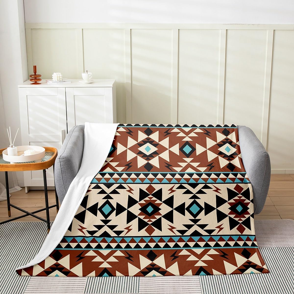 Aztec Patterned Fleece Blanket Aztec Aztec Stripes Throw Blanket Baby 30x40 Bohemian Geometric Blanket for Cowboy Cowgirl Southwestern Native Exotic Ethnic Tribal Sherpa Blanket, Brown Teal