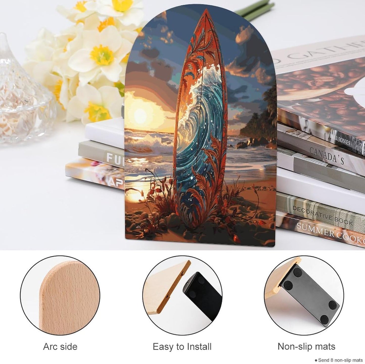 Colorful Surfboard Bookend for Shelves Wooden Book End Large Size Sturdy Book Holders Stoppers with Metal Base for Bookshelves Slick Decorative Bookends Stands