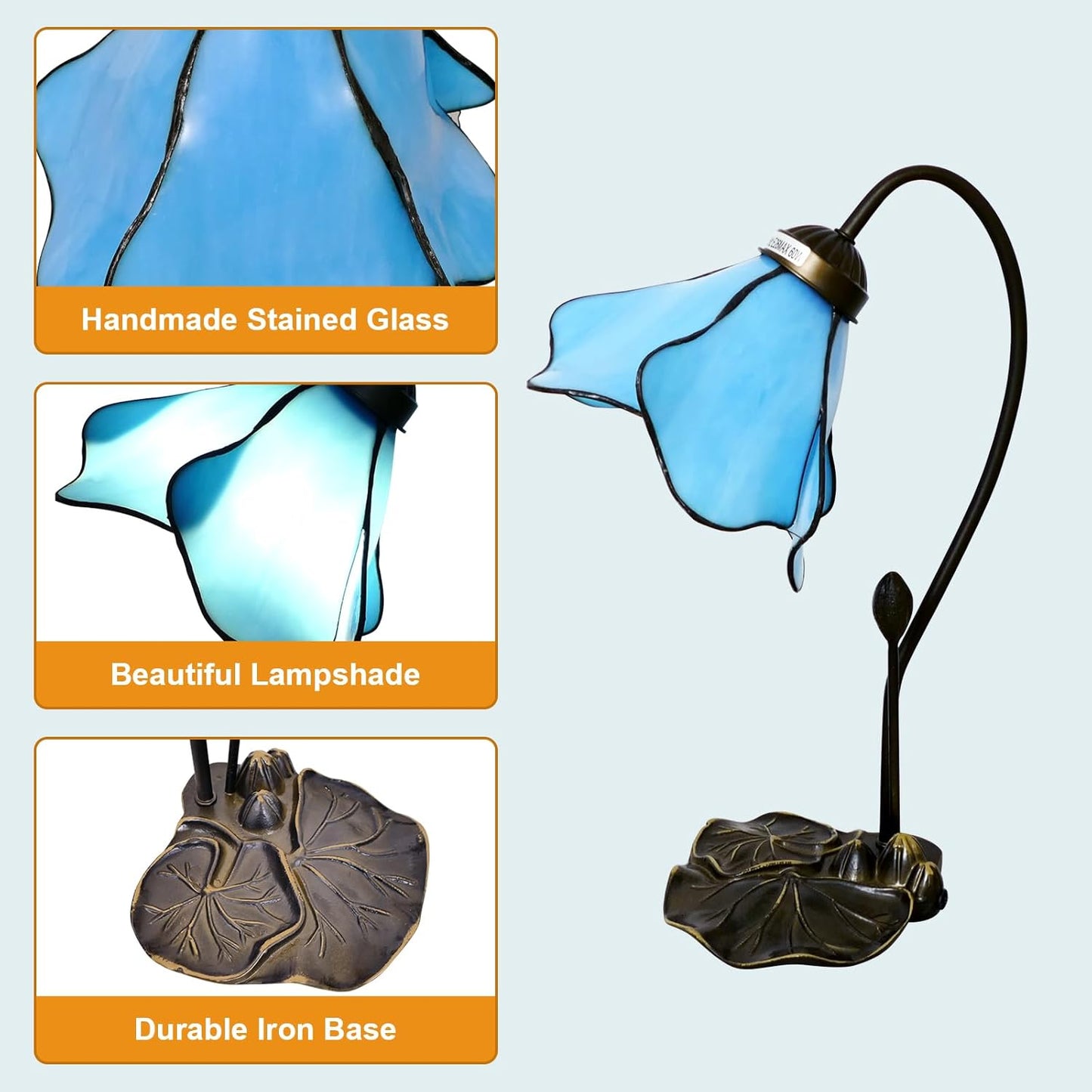 Tiffany Table Lamp Blue Lotus Stained Glass Lamp 8" Wide 14" Tall Bedside Table Light Desk Lamps Vintage Reading Lamp with Color Changing LED Bulb