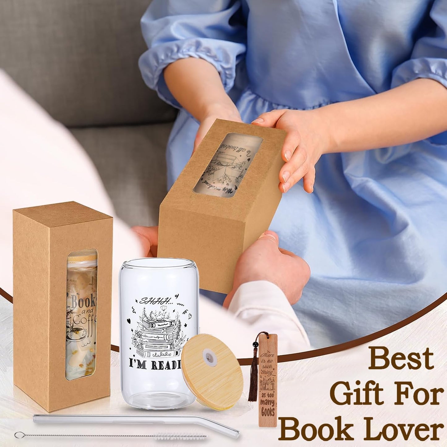 Book Club Gifts Bulk For Book Lovers Bookworms Nerd Readers Friend Men Or Women,Valentines Day Gifts 6 PCS Book Theme 16 OZ Glass Cups,Wooden Bookmark With Box,Cool Book Stuff Appreciation Basket