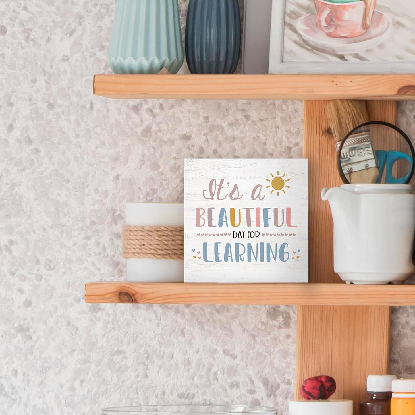 Boho Classroom Wood Box Sign Desk Decor 5x5, Inspirational Kids Learning Wooden Block Sign Decorations for Home Classroom Playroom Nursery Reading Nook Reading Room Wall Tabletop Shelf
