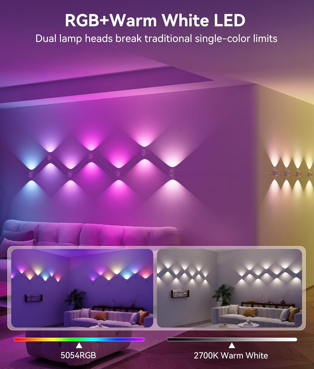 8-Light RGBCW Wall Sconce Light, Up/Down Bedroom Wall Lights, Music Sync, DIY-Styling Color-Changing Wall Lamps for Living Room Party Home Decor, Works with Alexa/Google Assistant, 23.3ft