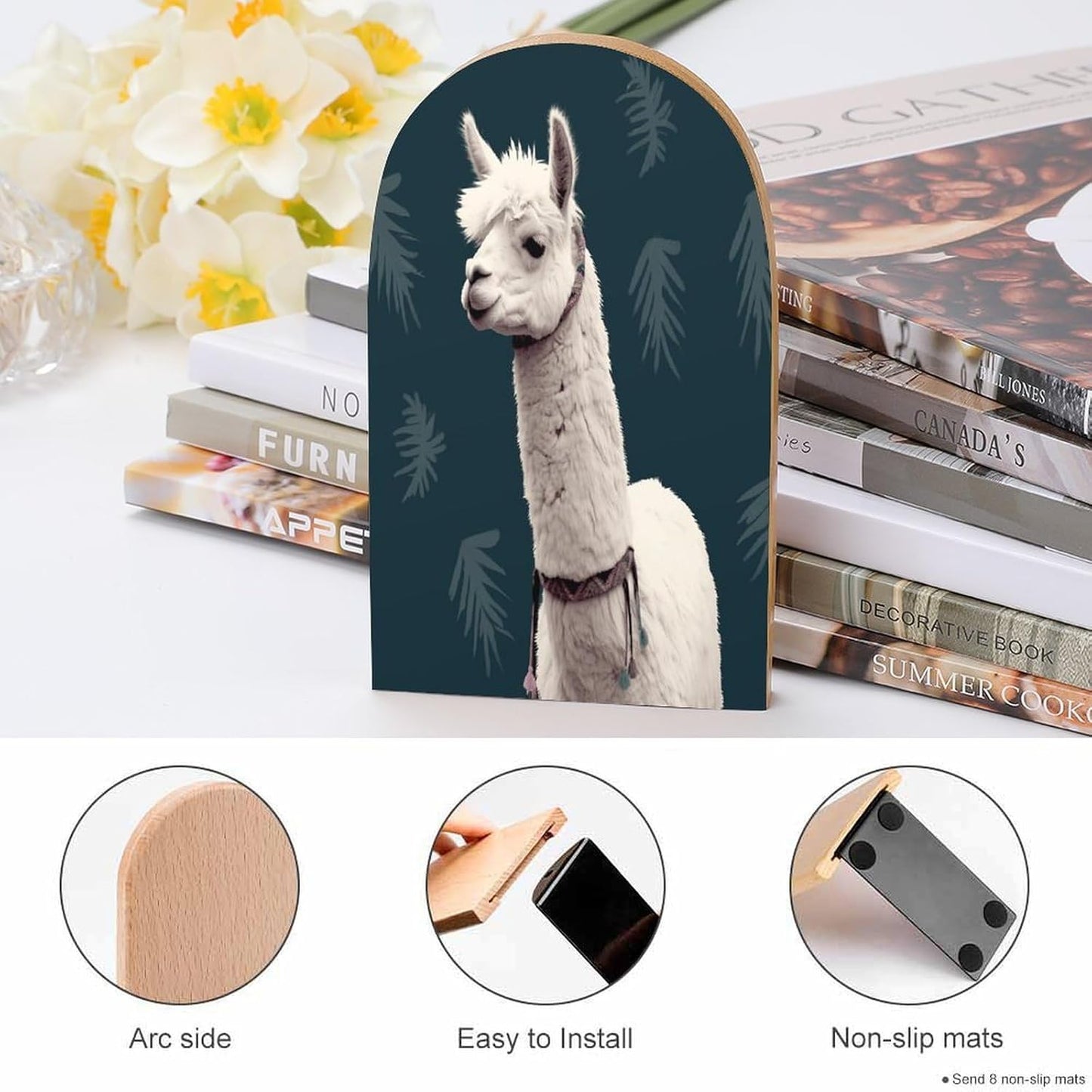 Alpaca Llama Bookends 1 Pair Heavy Duty Book Ends for Shelves Non-Skid Bookend Supports Wooden Book Holders with Metal Base Desk Organizers Books Storage to Hold Books