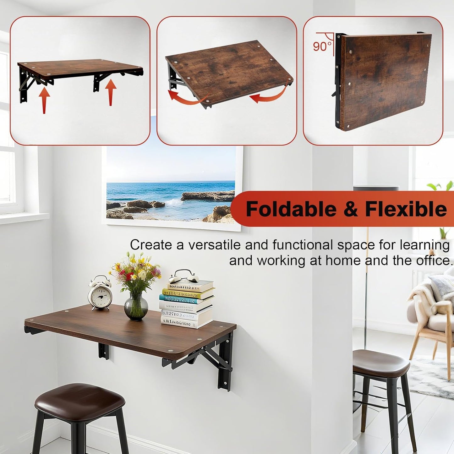 Wooden Folding Shelf Wall Mounted for Small Space, Wall Table for Living Room Bedroom Decor, Home Office Floating Fold Down Desk, Media Shelves with Heavy-Duty Brackets Holds Up to 30lbs, 16.5"*11.8"