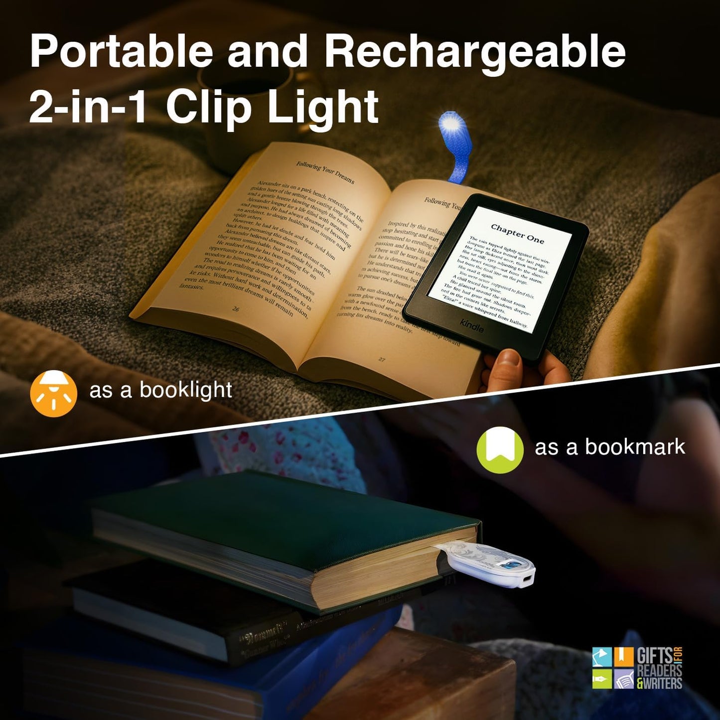 Gifts for Readers & Writers Rechargeable Book Light, Clip On Reading Light for Bed, 2in1 Flexilight & Bookmark, 12 Hours of Light Once Charged, Includes USB Cable & 2 LED Lights, Blue Words