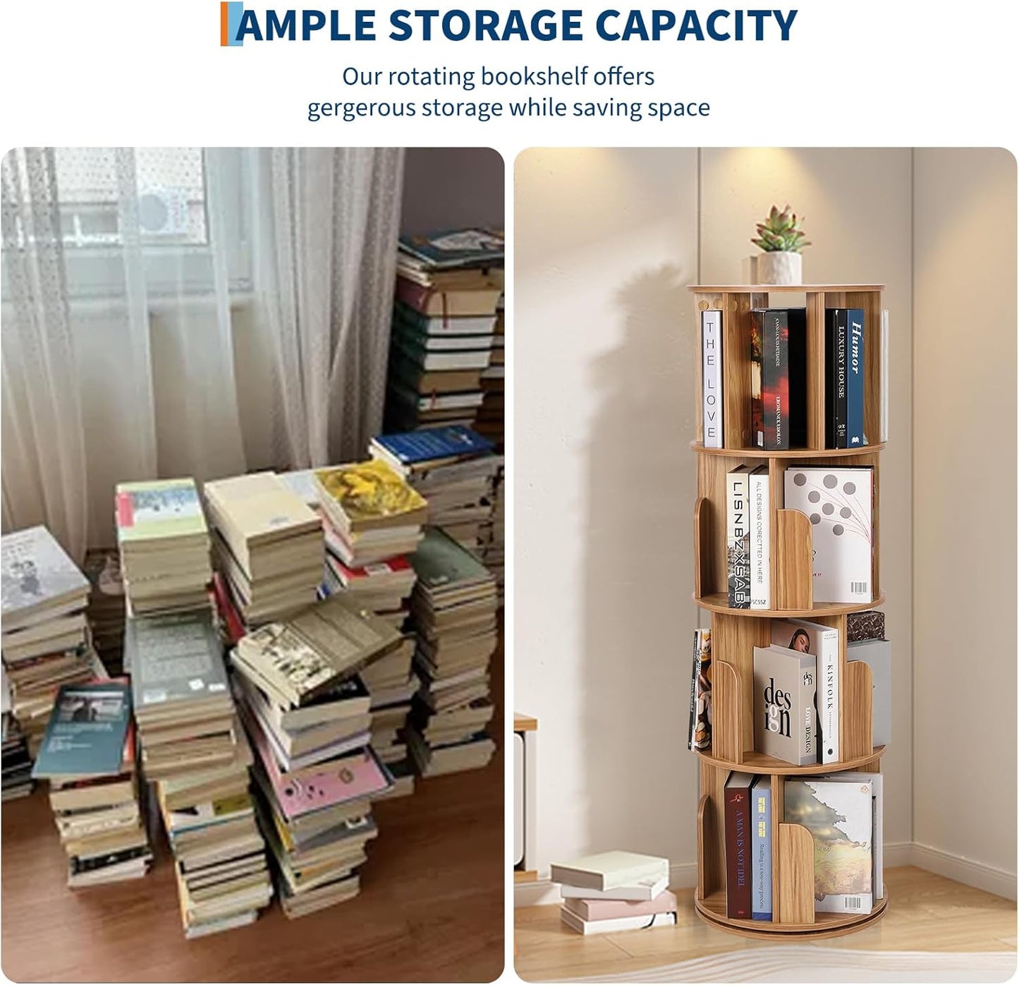 4 Tier Rotating Bookshelf, Compact Corner Bookcase for Small Spaces 360° Display Wood Spinning Storage Organizer for Bedroom, Living Room, and Kids' Rooms Wood