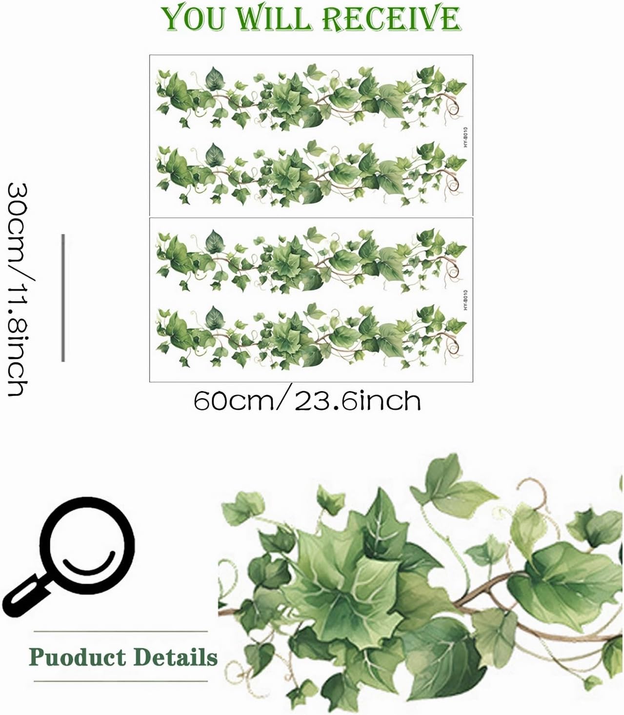 4 Pcs Green Leafy Vine Wall Stickers, sacinora Green Natural Plants DIY Wall Decals Removable Vinyl Peel and Stick for Living Room Bedroom Classroom Kitchen Art Decorations