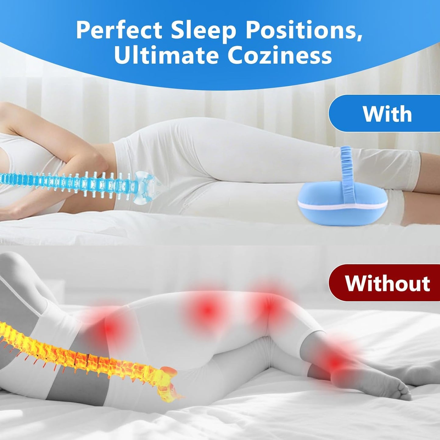 Knee Pillow for Side Sleepers, Cool Memory Foam Leg Pillow for Sleeping, Between Legs Cushion, Knee Support Pillow for Spine Sciatica Back Hip Knee Pain Relief with Ice Silk Cover & Elastic Strap
