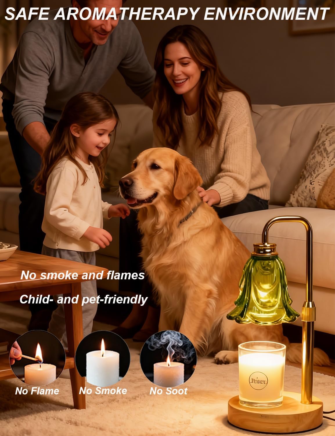 Candle Warmer Lamp with Timer, Green Flower Glass Candle Lamp Warmer, 5-Level Dimmable Lamp Candle Warmer Candle Wax Warmer Lamp, Adjustable Height Wax Melt Lamp Candle Burner Lamp